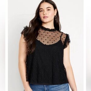 Old Navy Black Ruffle Trim Sheer Polka Dot Chiffon Blouse Top Shirt XL New